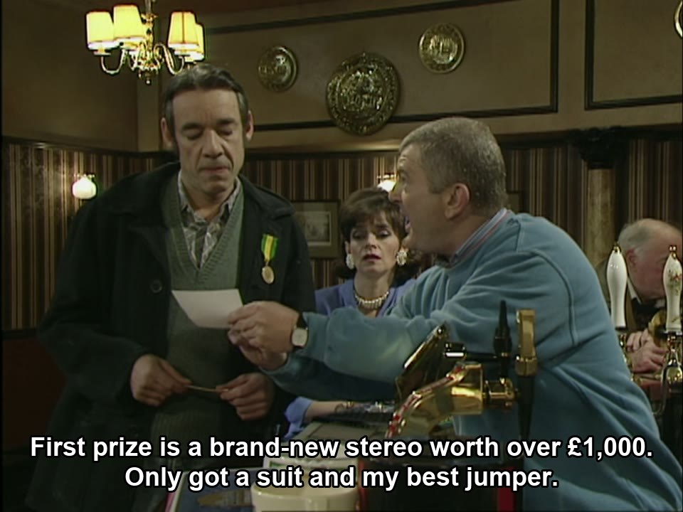 Only Fools and Horses S00E15 meme — “First prize is a brand-new stereo worth over £1,000. Only got a suit and my best jumper.”